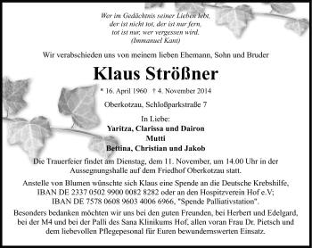 Traueranzeige von Klaus Strößner von Frankenpost