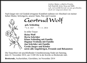 Traueranzeige von Gertrud Wolf von Südthüringer Presse