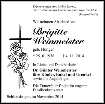 Traueranzeige von Brigitte Weinmeister von Südthüringer Presse