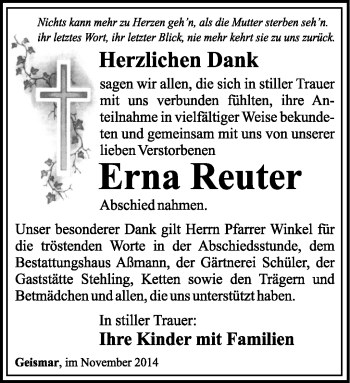 Traueranzeige von ERna Reuter von Südthüringer Presse