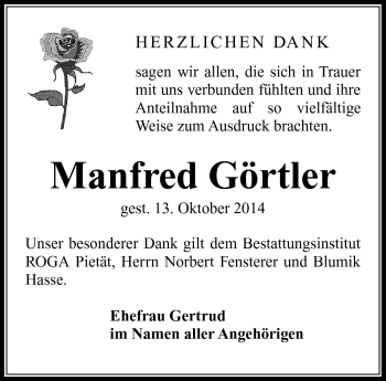 Traueranzeige von Manfred Görtler von Südthüringer Presse