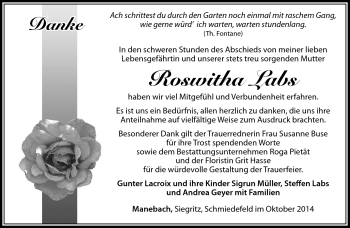 Traueranzeige von Roswitha Labs von Südthüringer Presse