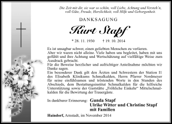 Traueranzeige von Kurt Stapf von Südthüringer Presse