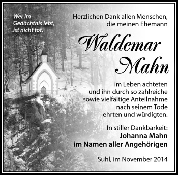 Traueranzeige von Waldemar Mahn von Südthüringer Presse