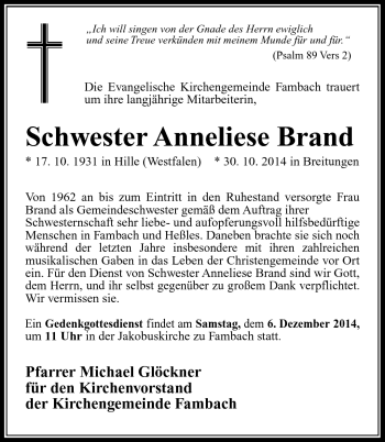 Traueranzeige von Anneliese Brand von Südthüringer Presse