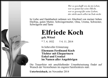 Traueranzeige von Elfriede Koch von Südthüringer Presse