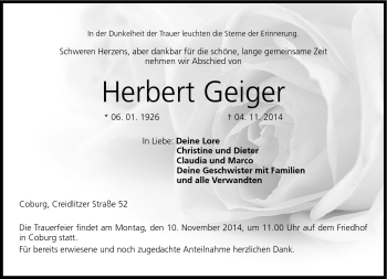Traueranzeige von Herbert Geiger von Neue Presse Coburg