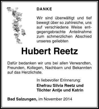 Traueranzeige von Hubert Reetz von Südthüringer Presse