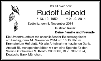 Traueranzeige von Rudolf Leipold von Frankenpost