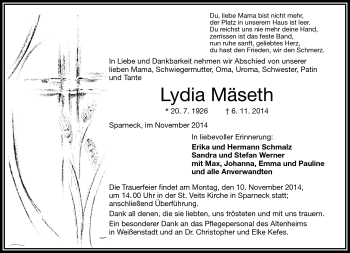 Traueranzeige von Lydia Mäseth von Frankenpost