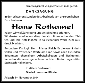 Traueranzeige von Hans Rothamel von Südthüringer Presse