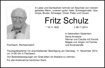 Traueranzeige von Fritz Schulz von Neue Presse Coburg