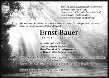 Traueranzeige von Ernst Bauer von Südthüringer Presse
