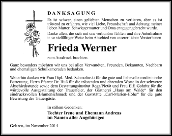 Traueranzeige von Frieda Werner von Südthüringer Presse