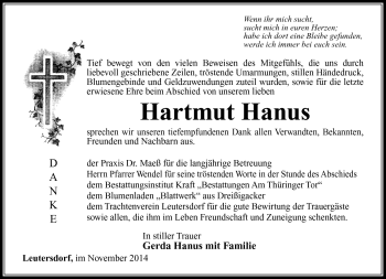 Traueranzeige von Hartmut Hanus von Südthüringer Presse