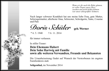 Traueranzeige von Doris Schüler von Südthüringer Presse