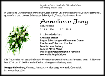 Traueranzeige von Anneliese Lung von Südthüringer Presse