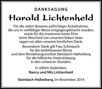 Traueranzeige von Harald Lichtenheld von Südthüringer Presse