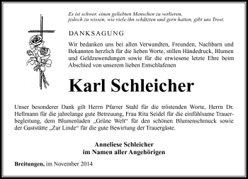 Traueranzeige von Karl Schleicher von Südthüringer Presse