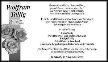 Traueranzeige von Wolfram Tallig von Südthüringer Presse
