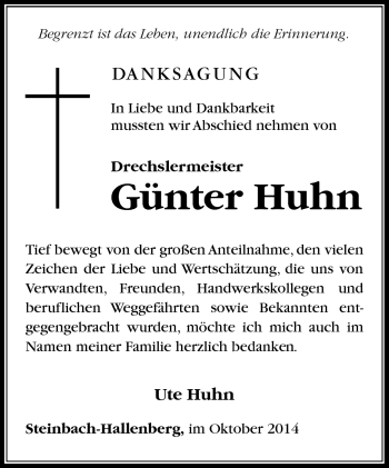 Traueranzeige von Günter Huhn von Südthüringer Presse