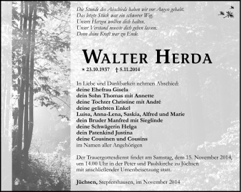 Traueranzeige von Walter Herda von Südthüringer Presse