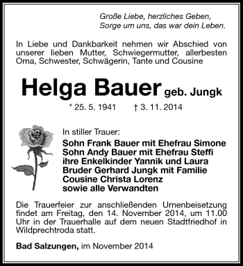 Traueranzeige von Helga Bauer von Südthüringer Presse