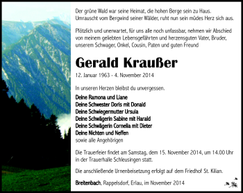 Traueranzeige von gerald Kraußer von Südthüringer Presse