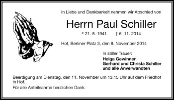 Traueranzeige von Paul Schiller von Frankenpost