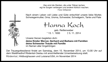 Traueranzeige von Hanna Koch von Neue Presse Coburg