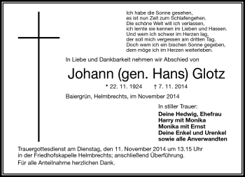 Traueranzeige von Johann Glotz von Frankenpost