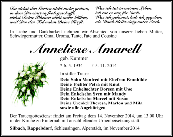 Traueranzeige von Anneliese Amarell von Südthüringer Presse
