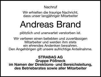 Traueranzeige von Andreas Brand von Südthüringer Presse