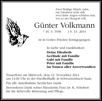 Traueranzeige von Günter Volkmann von Frankenpost