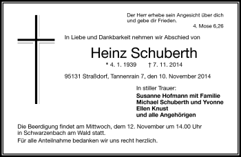 Traueranzeige von Heinz Schuberth von Frankenpost