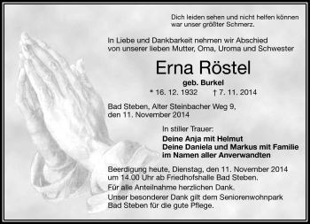 Traueranzeige von Erna Röstel von Frankenpost