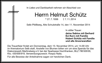 Traueranzeige von Helmut Schütz von Frankenpost