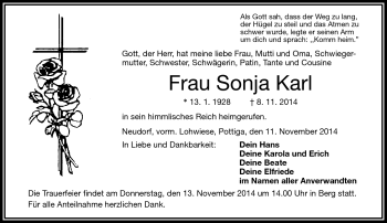 Traueranzeige von Sonja Karl von Frankenpost