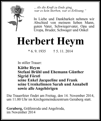 Traueranzeige von Herbert Heym von Südthüringer Presse
