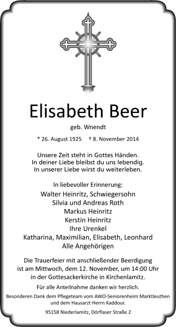 Traueranzeige von Elisabeth Beer von Frankenpost