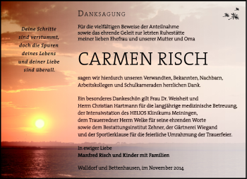 Traueranzeige von Carmen Risch von Südthüringer Presse