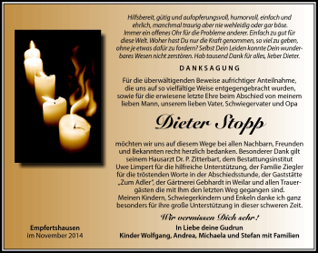 Traueranzeige von Dieter Stopp von Südthüringer Presse