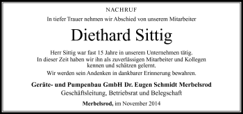 Traueranzeige von Diethard Sittig von Südthüringer Presse