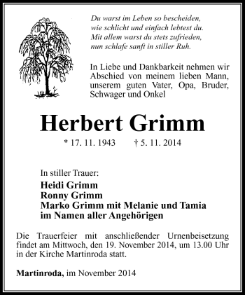 Traueranzeige von Herbert Grimm von Südthüringer Presse