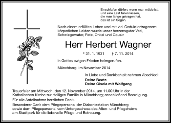 Traueranzeige von Herbert Wagner von Frankenpost
