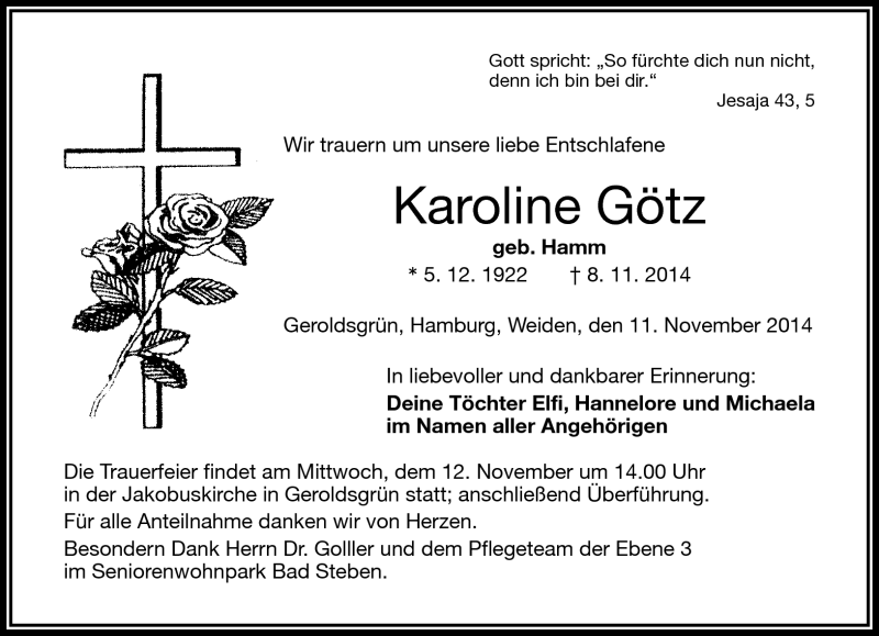  Traueranzeige für Karoline Götz vom 11.11.2014 aus Frankenpost