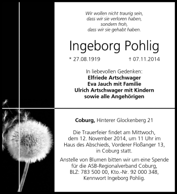 Traueranzeige von Ingeborg Pohlig von Neue Presse Coburg