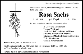 Traueranzeige von Rosa Sachs von Neue Presse Coburg