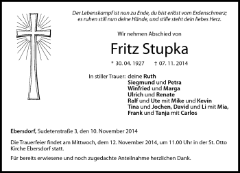Traueranzeige von Fritz Stupka von Neue Presse Coburg