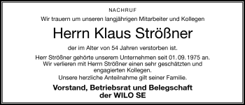 Traueranzeige von Klaus Strößner von Frankenpost